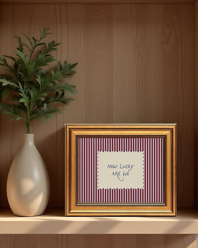 How Lucky Are We Gold Framed Wall Art Striped Quotes Wall Decor Art | Preppy Inspirational Picture Canvas Art Funky Vintage Small Framed Prints Artwork For Apartment Dorm Bedroom Vanity Bookshelf