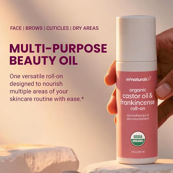 Organic Castor Oil + Frankincense Roll-On | USDA, Cold-Pressed, Hexane Free, Vegan Castor Oil with Frankincense Essential Oil | Body Massage Oil for Aromatherapy & Lymphatic Massage, 3 oz, by M3