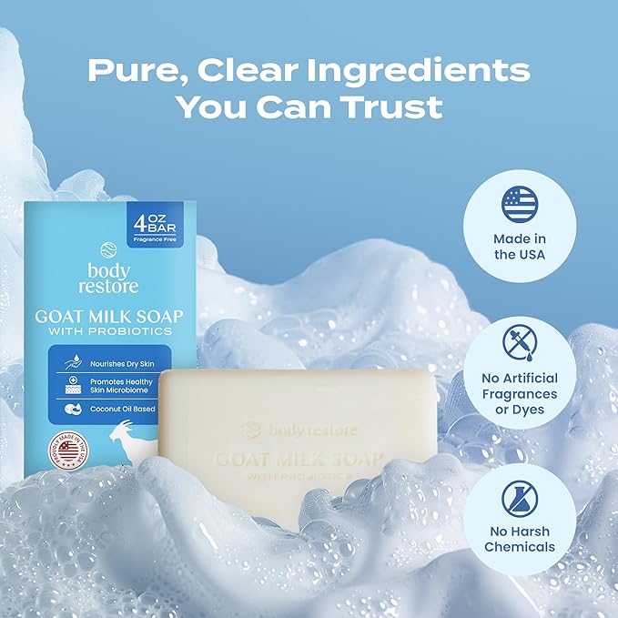 Body Restore Goat Milk Soap Bar 4 Pack – Mothers Day Gifts for Mom, Natural Moisturizing Body Soap with Probiotics, Birthday Gifts for Women, Self Care – Unscented