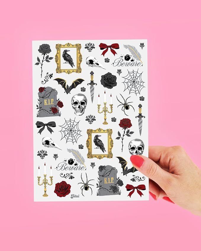 xo, Fetti Horror Temporary Tattoos - 80 Gold Foil Pcs | Halloween, Gothic Birthday Decorations, RIP to My 20s Accessory, Spooky Black Party Favor, Kids Trick or Treat