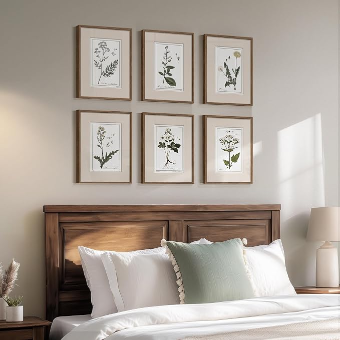 Framed Vintage Botanical Wall Art, 6 Piece Rustic Floral Canvas Painting Prints Artwork for Kitchen Walls, Neutral Flower Pictures for Living Room Bedroom Dining Room Farmhouse Wall Decor, 11x14