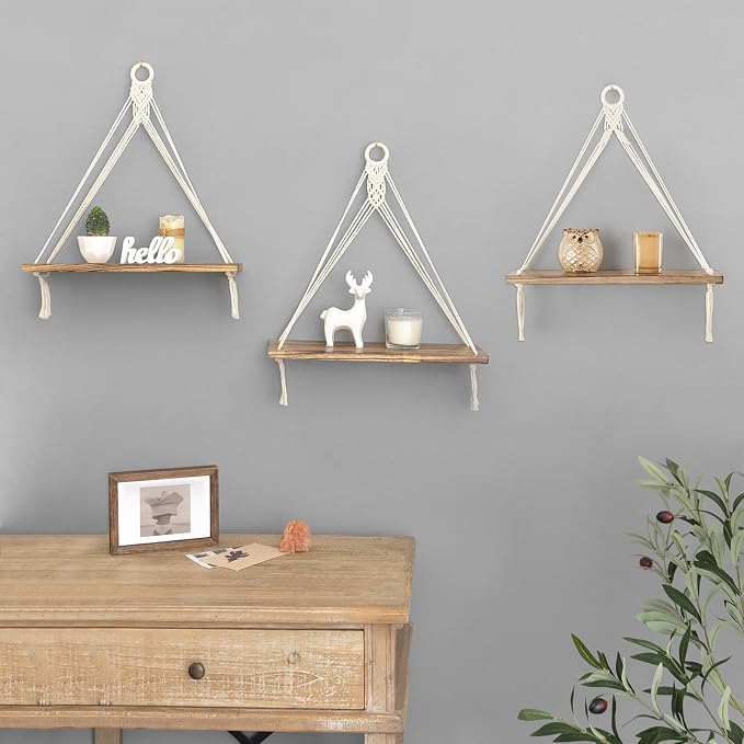Mkono Macrame Hanging Shelves Boho Wall Decor Set of 3 Floating Wood Shelf | Cute Room Decor for Teen Girls Display Storage Shelves for Hanging Plant Photos Fit Bedroom Bathroom Living Room Nursery Dorm