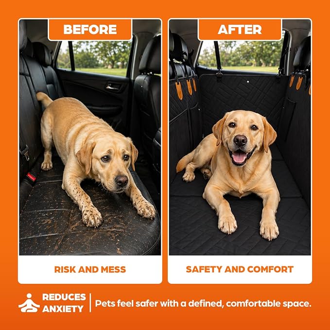 Dog Back Seat Extender - Premium Hard Bottom with Thick Foam, Waterproof Heavy Duty Pet Hammock for Cars, Trucks & SUVs. No-Sag Bridge, Mesh Window & Bonus Accessories (Black)