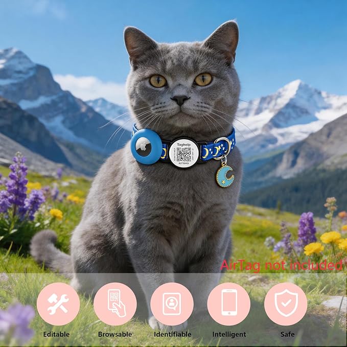 2 Pack Airtag Cat Collar, Breakaway Cat Airtag with Smart ID tag & QR Code Reflective (Star Moon & Paw Pattern - Blue, with Integrated AirTag Holder)
