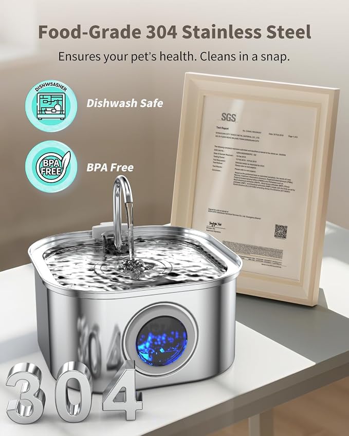 Stainless Steel Cat Water Fountain - 3.2L/108oz Cat Drinking Fountain | Quiet Cat Fountain for Indoor Cats and Small Dogs, Automatic Pet Water Dispenser Keeps Fresh Water