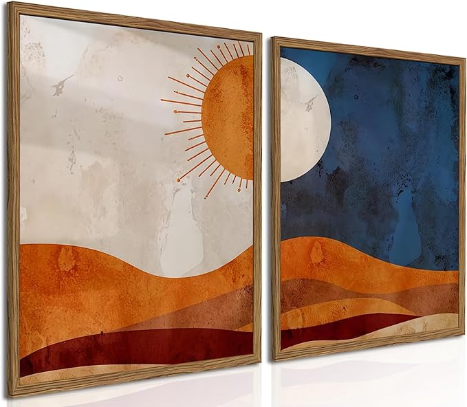 Framed Boho Sun and Moon Canvas Wall Art Set of 2, Vintage Western Desert Landscape Wall Decor Paintings, Mid Century Modern Abstract Pictures Prints Artwork for Living Room Bedroom Office 12x16 inch