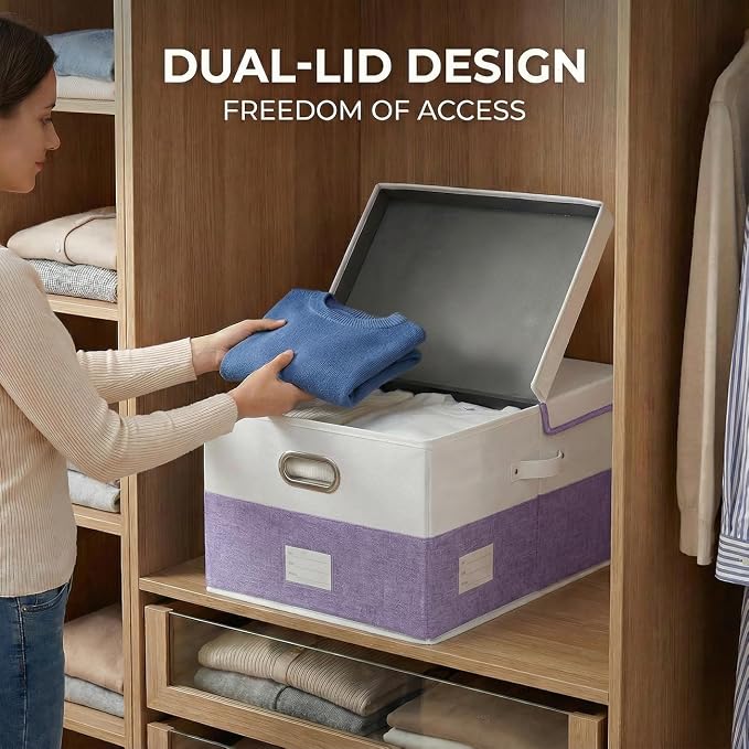 Storage Bins with Lids [3-Pack] Linen Fabric Foldable Storage Boxes Organizer Containers Baskets Cube with Cover for Bedroom Closet Office White&Purple (23.4X15.9X11.4)