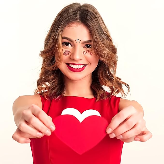 Valentine Face Gems Face Jewels Stickers Red Love Heart Lip Self Adhesive Eye Body Face Nail Hair Crystal Rhinestones for Makeup Festival Glitter Face Art Decor 2Sheets (style2)