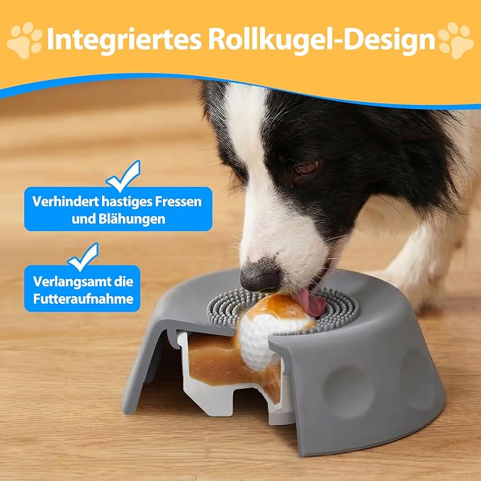 Slow Feeder Dog Bowls for Liquid Treat, Dog Lick Bowl for Anxiety Relief & Fast Eaters, Anti-Slip Ball-in Bone Broth, 5/6 Cup Pup Lick Toy for Peanut Butter Large Medium Small Pet Cats Gray