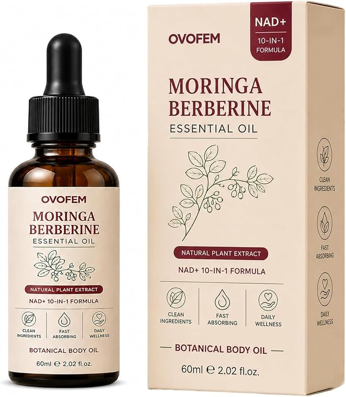 Ovofem Moringa Berberine Essential Oil, NAD+ 10-in-1 Botanical Body Massage Oil, Nourish and Smooth Skin, Fast-Absorbing Non-Greasy Formula, Daily Body Care Support, 2 fl oz