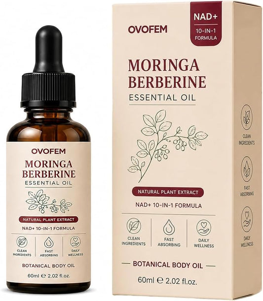 Ovofem Moringa Berberine Essential Oil, NAD+ 10-in-1 Botanical Body Massage Oil, Nourish and Smooth Skin, Fast-Absorbing Non-Greasy Formula, Daily Body Care Support, 2 fl oz