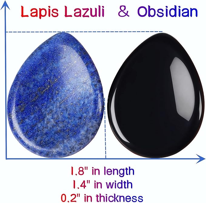 QINJIEJIE 2PCS Crystals Thumb Worry Stones for Anxiety Lapis Lazuli Obsidian Hand Carved Worry Stone Pocket Gemstones Meditation Crystal Reiki Relax Palm Stone Gift for Men