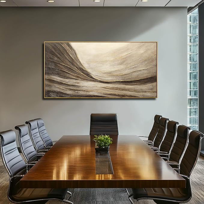 Framed Brown Gold Abstract Wave Canvas Wall Art for Living Room 24x48 Inch