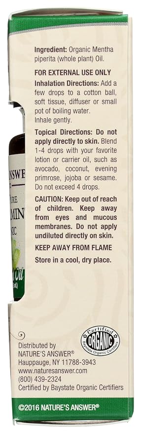Nature’s Answer USDA Organic Peppermint Essential Oil, 100% Pure | Natural Aromatherapy Oil for Diffuser/Humidifier, Steam Distilled 0.5 fl oz. (15ml) | Made in USA