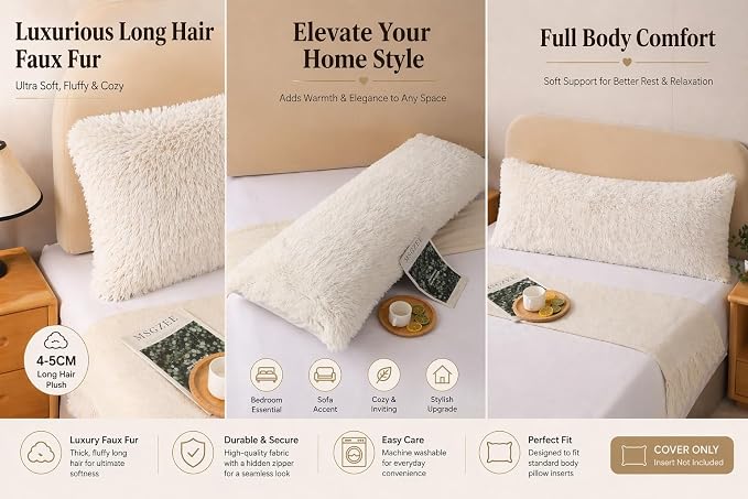 Reafort Luxury Long Hair, PV Fur, Faux Fur Body Pillow Cover/Case 21inx54in with Hidden Zipper Closure (Cream, 21inX 54in Pillow Cover) | Ultra-soft long hair faux fur with a hidden zipper offers luxurious comfort and is machine washable for easy care.