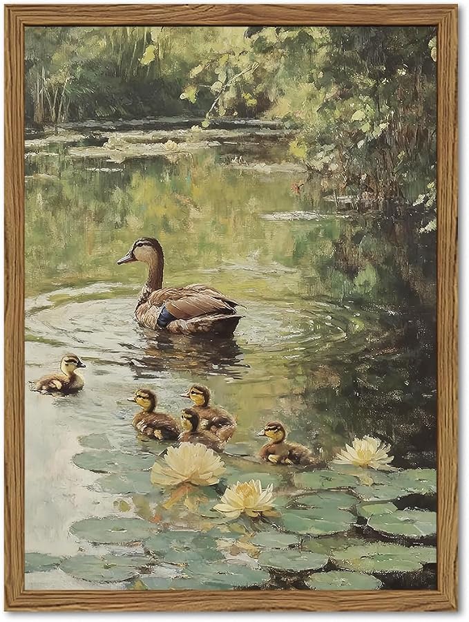 Framed Vintage Duck Canvas Wall Art, Rustic Farmhouse Animal Family Pictures Wall Decor, Country Nature Pond Paintings Prints Cottagecore Home Decor for Living Room Bedroom Bathroom 8x10 inch