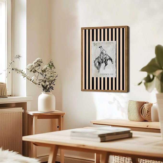 Vintage Western Wall Art, Rodeo Cowboy Horse Postage Wall Decor Mid Century Southwest With Stripes Western Canvas Prints for Living Room Bedroom Bathroom 12x16 inch Framed