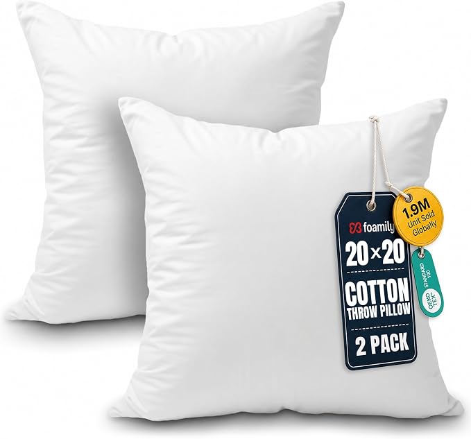 Foamily 20x20 Throw Pillow Inserts, Set of 2, 100% Cotton Cover, White | Cotton cover, plush down-alternative fill, machine washable Fits 20x20 covers Couch, sofa, bed, nursery décor