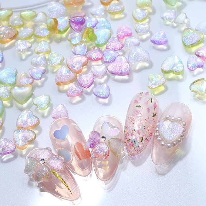 100PCS Mini Love Heart Nail Charms 3D Light Pink Heart Rhinestone Love Japanese Korean Super Sparkling Flat-Back Colorful Small Peach Hearts Resin Nail Accessories DIY Design for Acrylic Nails Decor
