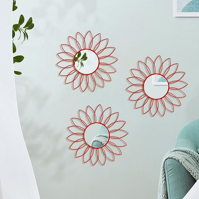 3 Pack Metal Mirrors for Wall Sunburst Wall Mirrors Home Décor Decorative Hanging Wall Art for Living Room Bedroom Entryway (Red, Flowers)