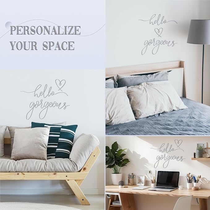 Hicarer Metal Hello Gorgeous Wall Art Minimalist Wall Decor,Silver,Classic | for Bedroom Bathroom Living Room Dressing Room Salon Vanity Office Home Decoration, Easy to Install