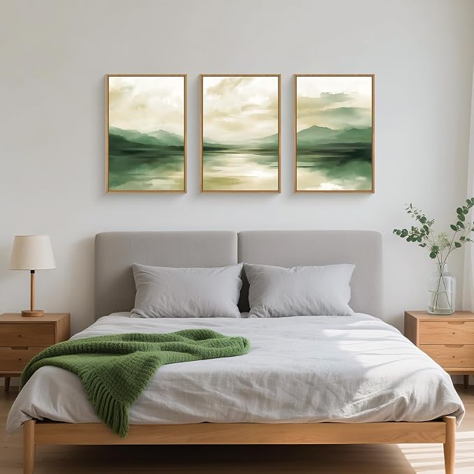 FWIEXA Sage Green Abstract Canvas Wall Art Set of 3, Framed Beige White Landscape Painting, Neutral Watercolor Mountain Prints, Nature Mountains Lake Prints, 24x36In Artwork for Living Room, Bedroom