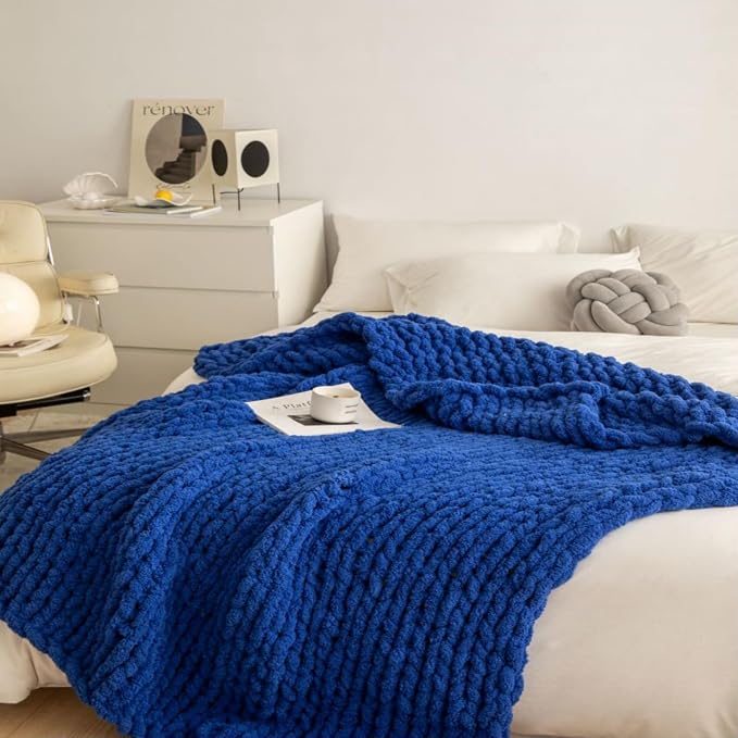 Soft Chunky Knit Throw Blanket for Couch, Cozy Warm Knitted Blankets | Hand Knit with Jumbo Chenille, Lightweight Warm Fluffy Decor for Women, Mom, Her & Girls, Sofa, Chair, Bed,48"×71"(Navy Blue)
