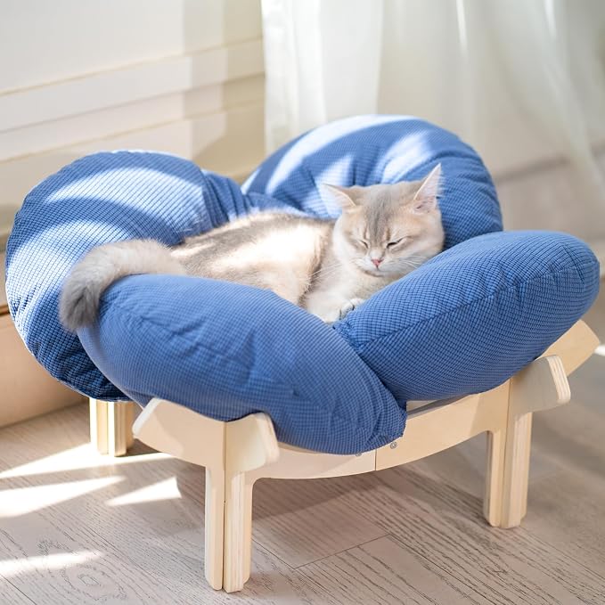 Elevated Cat Bed for Indoor Cats Couch Sofa Flower | Pet Beds with Washable Cushion, Stable Wooden Frame, Raised Cat Hammock & Furniture for Kitty & Puppy All-Season(Deep Blue)