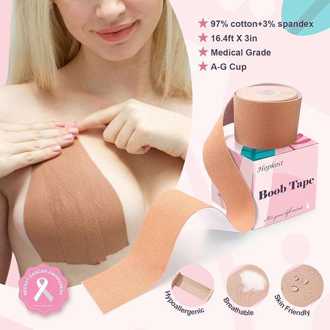 Boob Tape Breast Lift Tape for Large Breasts with 2 Pcs Nipple Covers Invisible Boobtape for A-G Cup(Beige,4 in)