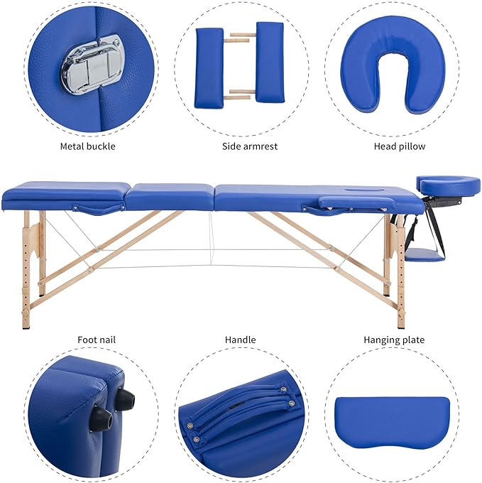 Artechworks Massage Table Massage Bed Portable Lash Bed for Eyelash Extensions Beauty Tattoo Table Adjustable for Spa Salon,Lightweight (Navy Blue, 3 Folding No Bag)