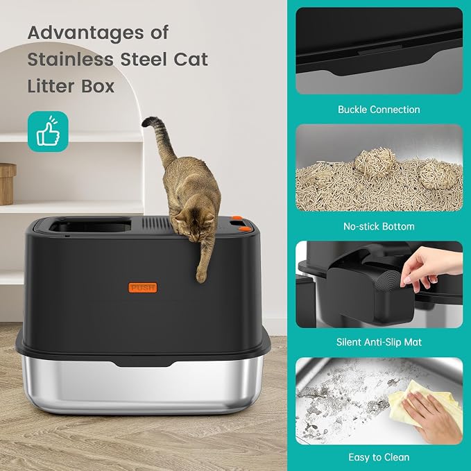 XL Stainless Steel Cat Litter Box with Lid, Top Entry, Mat & Scoop Included | XL for Big Cats, High Sides Enclosed Design, Anti-Urine Leakage, Non-Stick Odor-Free, Easy Clean, Reduce Litter Tracking