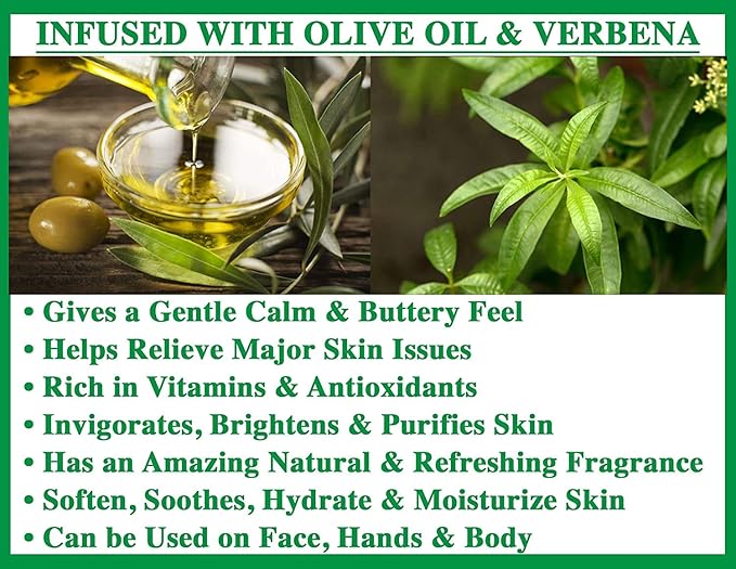 Olivia Care Premium Verbena Bath & Body Bar Soap | Organic, Vegan & Natural | Olive Oil | Repairs, Hydrates, Moisturizes & Deep Cleans | Good For Sensitive Dry Skin | Made in USA | 8 OZ - (4 PACK)
