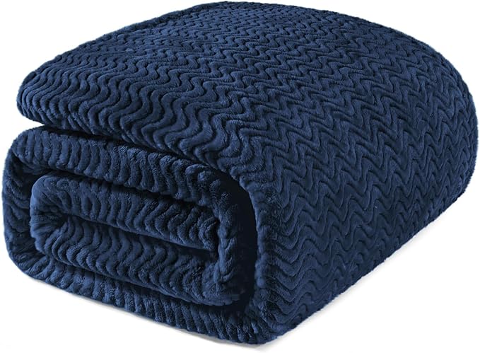 Exclusivo Mezcla Soft Fleece Blanket Twin Size for Bed, Sofa, Navy Blue | 90"x66" Breathable Lightweight Flannel Blanket for Summer, Plush Cozy Jacquard Wave for Home Decor