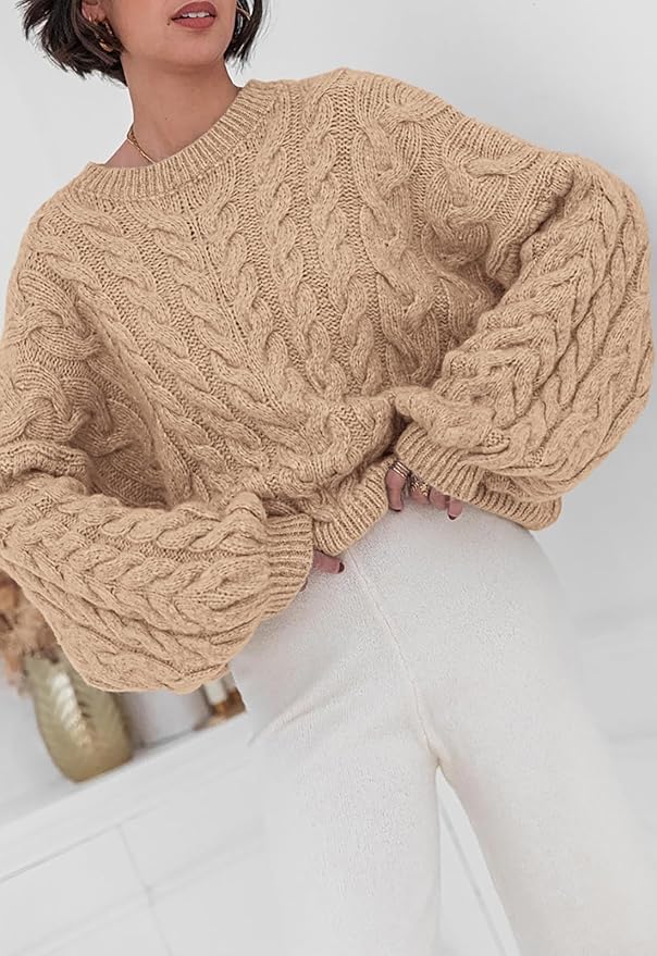 PRETTYGARDEN Womens Sweaters Spring 2026 Cable Knit Long Sleeve Crewneck Oversized Sweater Chunky Pullover Loose Outfits