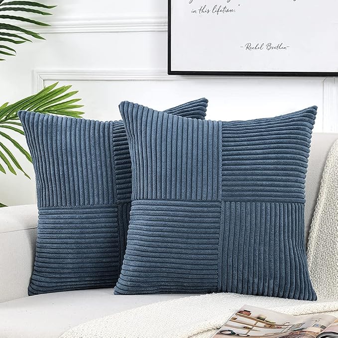 Fancy Homi Dusty Blue Decorative Throw Pillow Covers 16x16 Inch for Living Room Couch Bed Sofa, Farmhouse Boho Home Decor, Soft Corss Patchwork Corduroy Textured Square Cushion Case 40x40 cm