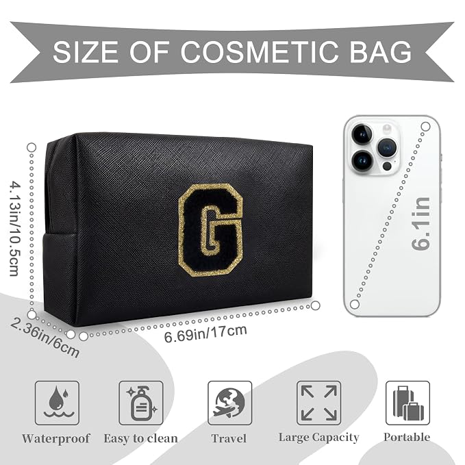 Personalized Initial A-Z Preppy Patch Makeup Bag,Small PU Chenille Letter Cosmetic Bag with Zipper for Teen Girls,Black Cute Toiletry Organizer Bag,Monogram Makeup Case Gift for Women Girls,Letter G
