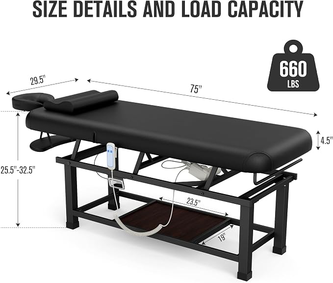 Olela Wide Electric Massage Table - Stationary Massage Table with Electric Lift and Manual Adjustable Backrest, Lash Bed with Storage, PU Leather, Metal Frame for Beauty, Massage, Tattoo