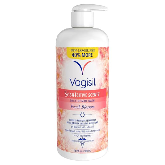 Vagisil Feminine Wash for Intimate Area Hygiene, Scentsitive Scents, pH Balanced and Gynecologist Tested, Peach Blossom, 16.9 oz with Pump