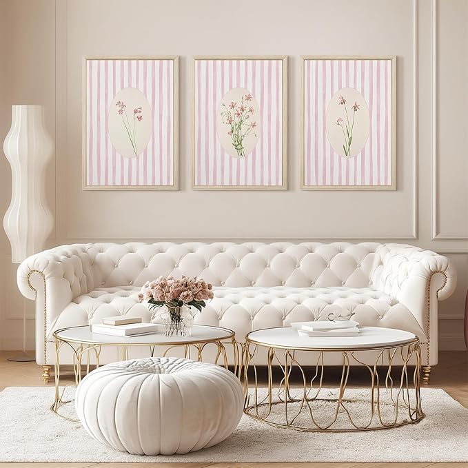 Pink Flower Wall Art Striped Floral Prints Botanical Canvas Wall Decor Aesthetic Pictures Pastel Pink Floral Poster Minimalist Flower Painting for Girl Room 16x24 Inch Framed Set of 3