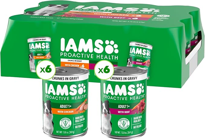 IAMS Proactive Health Pack Wet Dog Food, Beef & Chicken, 13 oz, 12 Pack | Chunks in Gravy, Omega 6 Fatty Acids, supports healthy skin, muscles & digestion, 13 oz. Cans, no artificial flavors