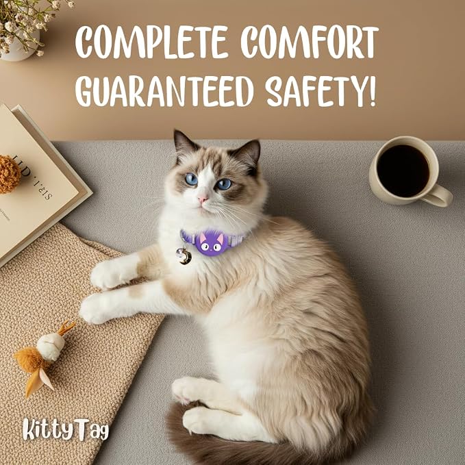 AirTag Cat Collar – Breakaway Reflective & Waterproof Collar with Built-in Holder, Adjustable with Bell for Indoor/Outdoor Cats – AirTag Not Included, Purple (9-12")