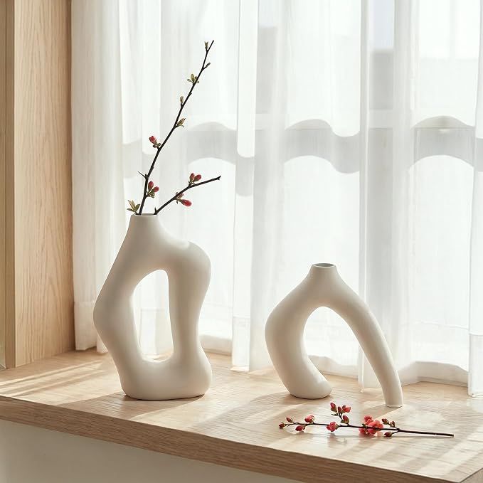 Dowan White Vases for Decor,Hollow Ceramic Vase Set of 2,8.3" Nordic Modern Boho ins Style Decorative Ceramic Aesthetic Flower Vase for Home Decor Modern Minimalist Table, Entryway Centerpieces