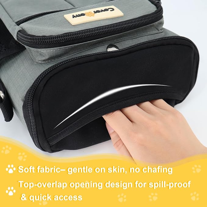 Dog Treat Pouch Open Top for Quick & Spill-Proof Access, Removable Pouch|Poop Bag Dispenser|3 Ways to Wear, Dog Treat Bag - Collapsible Bowl, Training Clicker & Poop Bag for Training & Walking. (Grey)