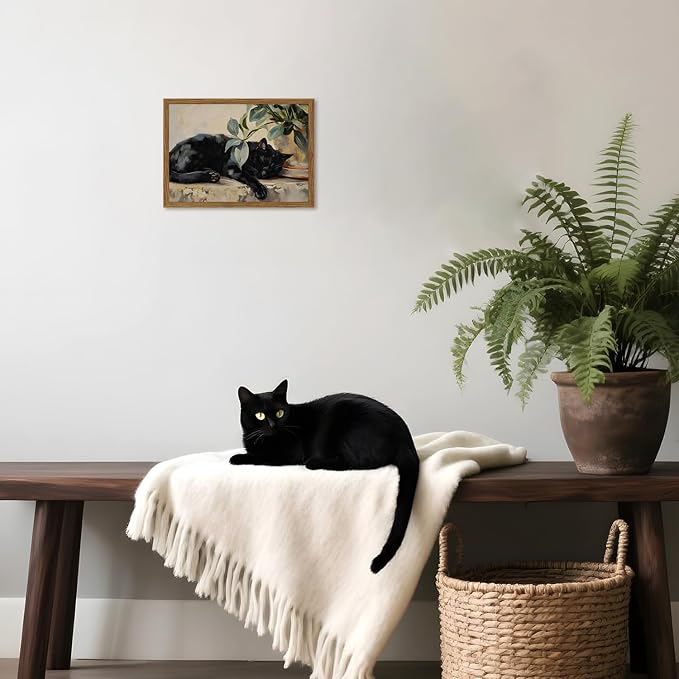 Framed Black Cat Canvas Wall Art, Vintage Sleeping Cat with Plant Picture Wall Decor Paintings, Cute Animal Poster Prints Rustic Aesthetic Home Decor for Living room Bedroom Bathroom 8x10 inch