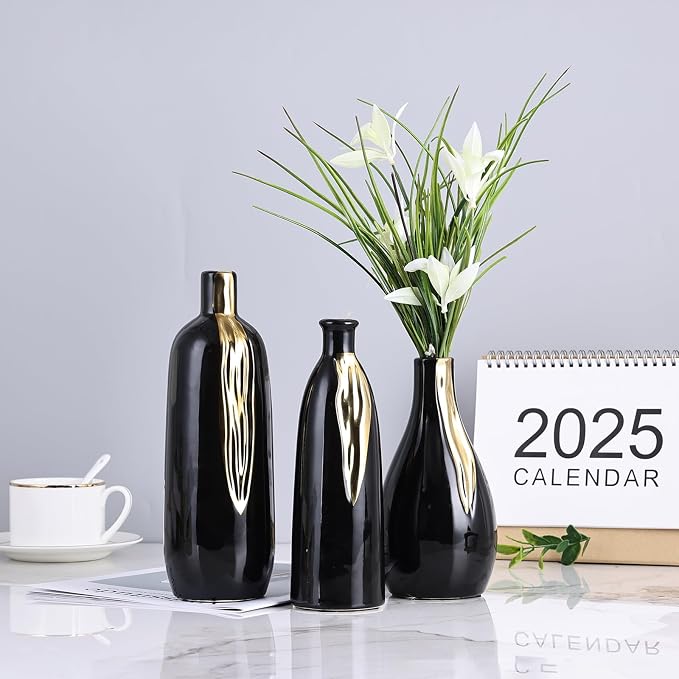 Black and Gold Vase Set of 3, Modern Ceramic Decorative Vases for Living Room, Bedroom, Art Decor, Mantle, Home Event Decor, Office Decorative, Weddings, Rustic & Farmhouse (Black Gold)