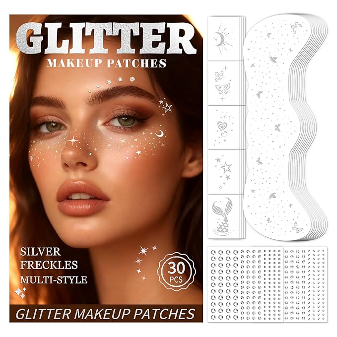 30PCS Glitter Freckles Face Tattoos & Face Gems Set, Multi-Style Silver Glitter Temporary Tattoos Makeup Patches, Fake Freckles Face Glitter for Women’s Rave Outfits & Accessories