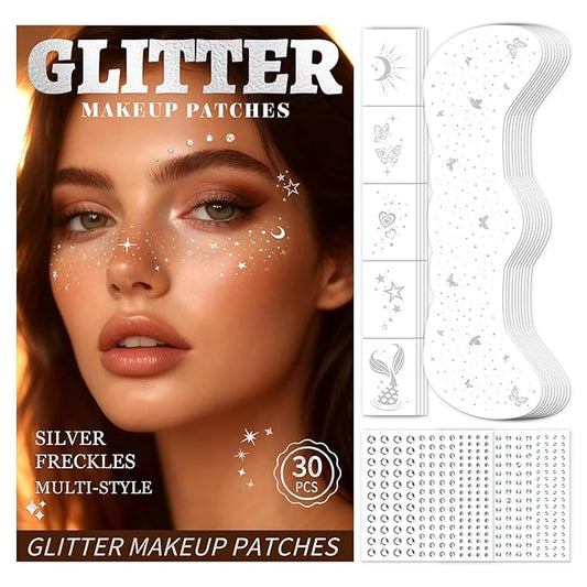 30PCS Glitter Freckles Face Tattoos & Face Gems Set, Multi-Style Silver Glitter Temporary Tattoos Makeup Patches, Fake Freckles Face Glitter for Women’s Rave Outfits & Accessories