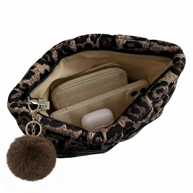 Leopard Puffer Quilted Makeup Bag for Women with Furry Keychains - 10" Roomy Puffy Cosmetic Pouch, Travel Toiletry Organizer Bag (LP-Fu-BW)