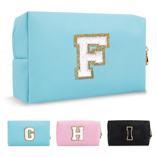 Small Personalized Initial A-Z Preppy Patch Makeup Bag,PU Chenille Letter Travel Cosmetic Pouch with Zipper,Blue Cute Toiletry Bag,Gift Ideal for Teen Girls Women Teacher Bridesmaid,Letter F