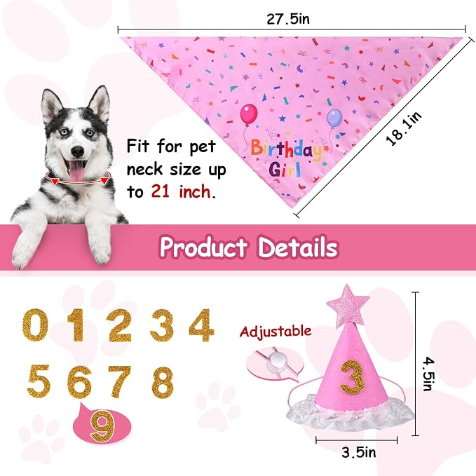 Dog Birthday Decorations,Dog Birthday Hat with Numbers,Dog Bandana | Dog Birthday Bandana for Large Medium Small,Pet Supplies (Pink), Dog Birthday Party, Soft, Breathable, Long-Lasting